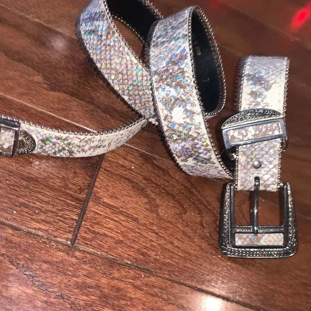 Y2K Glitter Western Belt‎ Silver Sparkle Studded Cowgirl USA L